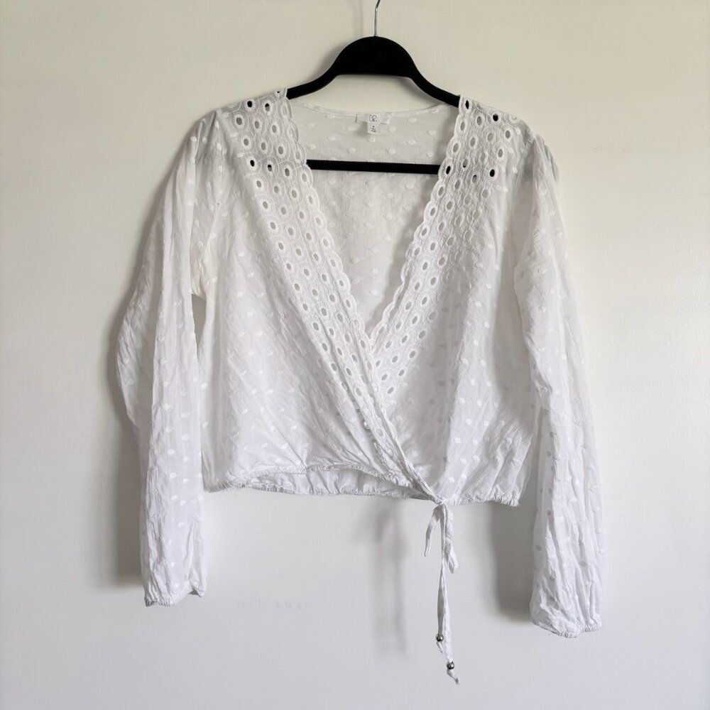 Feminine Boho 100% Cotton White Eyelet Wrap Long Sleeve Cropped Layering Top